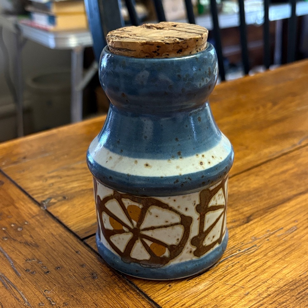 Handcrafted Ceramic Jar with Cork Lid - Blue and Brown